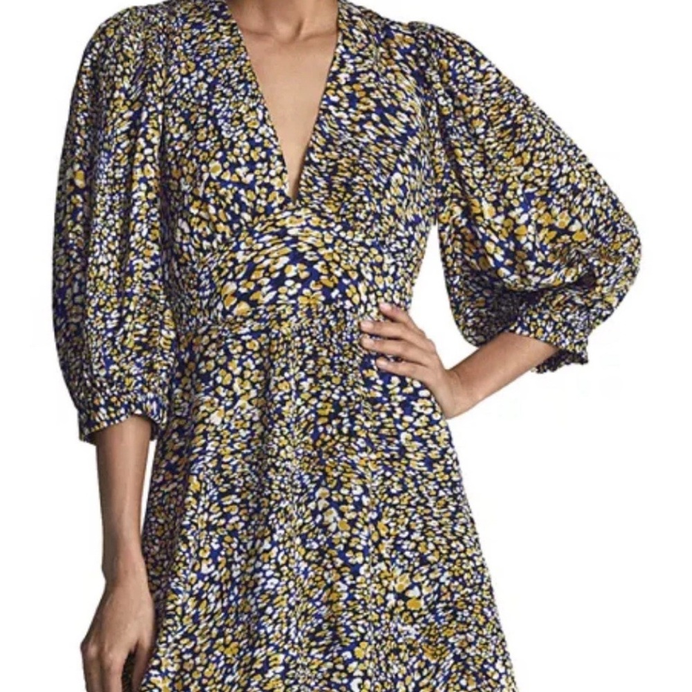 Reiss Daisy Deep V-Neck Puff Sleeve Print Mini Dress